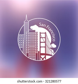 Linear round icon of San Francisco, USA. Flat one line style. Line art Web logo on blurred background.