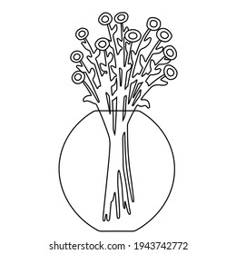 Linear round vase with a bouquet of roses. Black lines on a white background. Vector illustration with flowers. Isolated element, object for design. Line art and doodle, hand drawn. Spring and summer.