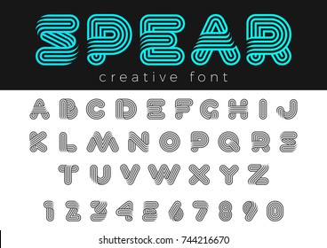 Linear Rounded Design vector Font for Title, Header, Lettering, Logo.
Funny Entertainment Active Sport Technology areas Typeface. Letters and Numbers.