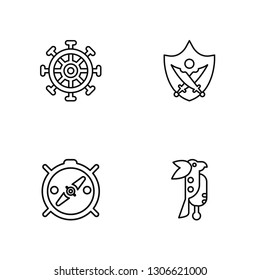 Linear Rudder, Compass, Sword, Parrot Vector Illustration Of 4 outline Icons. Editable Pack Of Rudder, Compass, Sword, Parrot