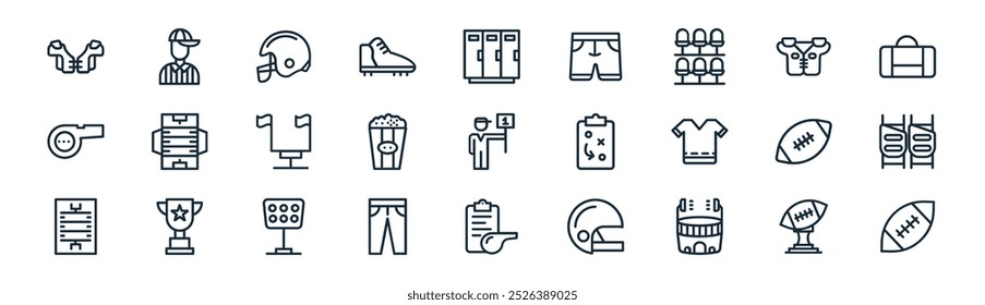 linear rugby icon pack. vector thin line trophy, player, helmet, vest, popcorn, knee pad, to do list, rugby ball icons suitable for apps and websites ui designs