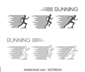 Linear running symbol. Vector figures runners. Outline run icons.
