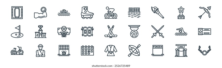 linear s icon pack. vector thin line ceremony, weightlifting, waterpolo, contestant, skiing, ticket, kimono, wreath icons suitable for apps and websites ui designs