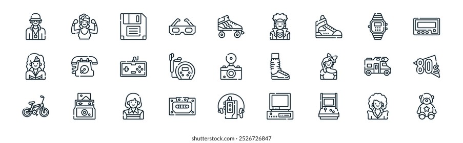 linear s icon pack. vetor linha fina ombro pads, aeróbica, disquete, relógio, portátil, s, player de música, urso ícones adequados para aplicativos e sites projetos de iu