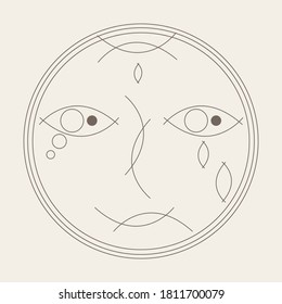 Linear Sad & Cry Face Flat Design Vector Kunst. Geometric Shapes Head Of Character. Doodle Scrible Artistic Outline Concept Portrait Cartoon Isolated. Line Absract Art Logo For Expressions Exhibition 