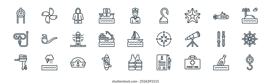 linear sailor icon pack. vector thin line message in a bottle, propeller, raincoat, submarine, cargo ship, rudder, life jacket, weight icons suitable for apps and websites ui designs