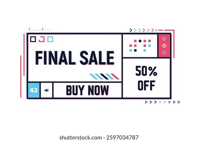 Linear sale off banner concept. Sales and discounts, promotion banner with 50% off. Futuristic sci-fi colors with red blue stereoscopic image. Sale 50% off vector banner template.