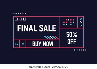 Linear sale off banner concept. Sales and discounts, promotion banner with 50% off. Futuristic sci-fi colors. Flat style line modern vector illustration. Template for price promo with text template.