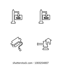 Linear For sale, Paint roll, For rent, Juridical Vector Illustration Of 4 outline Icons. Editable Pack Of For sale, Paint roll, For rent, Juridical