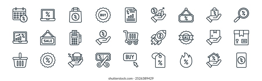 linear sales icon pack. vector thin line mortgage, online shopping, paper bag, discount, promotion, package, marketplace, promotion icons suitable for apps and websites ui designs