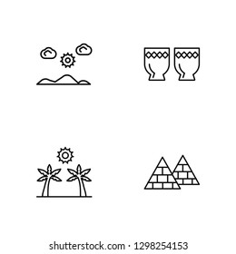 Linear Salty desert, Oasis, Kettledrum, Pyramids Vector Illustration Of 4 outline Icons. Editable Pack Of Salty desert, Oasis, Kettledrum, Pyramids