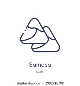 Icono de samosa lineal de India y colección de contornos de holi. Icono de la línea delgada samosa aislado en fondo blanco. ilustración de moda samosa