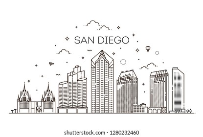 Linear San Diego city skyline vector background