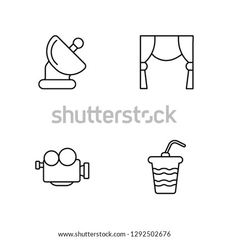 Linear Satellite TV Dish, Proffesional Video Camera, Theatre Screen Vector Illustration Of 4 outline Icons. Editable Pack Of Satellite TV Dish, Proffesional Video Camera, Theatre Screen