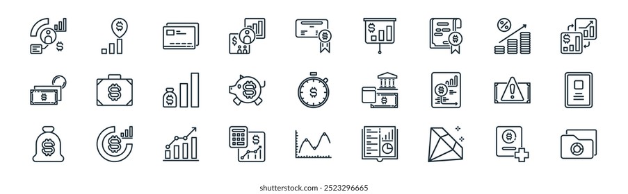 pacote de ícone de poupança e investimento linear. vetor linha fina seguro de saúde, financeiro, cartão de crédito, juros, piggy bank, metal precioso, gráfico, pasta de portfólio ícones adequados para aplicativos e sites