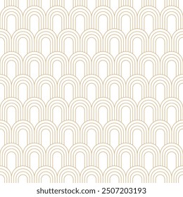 Linear scales seamless pattern. Classic overlapping scales pattern. Golden lines design on white background. Traditional asian linear scale texture in art deco style. Thin line oval curves background.