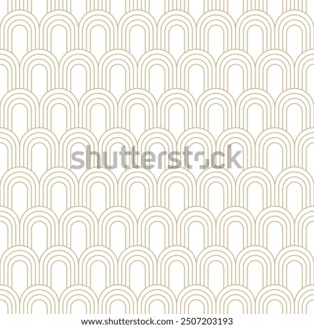 Linear scales seamless pattern. Classic overlapping scales pattern. Golden lines design on white background. Traditional asian linear scale texture in art deco style. Thin line oval curves background.