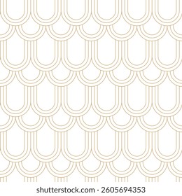 Linear scales seamless pattern. Golden line Asian scale texture in art deco style. Light and elegant luxury background. Classic overlapping scales pattern on white background.