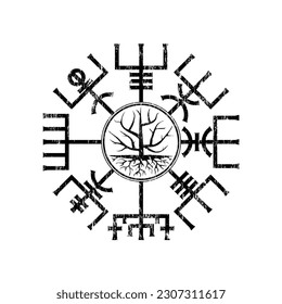 Linear Scandinavian viking true vegvisir symbol isolated on white background with tree. Black old sign for different designs and patterns