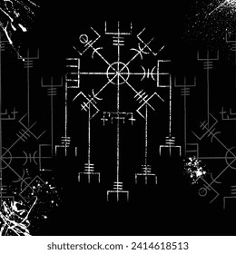 Linear Scandinavian viking vegvisir symbol isolated on black background. Grunge old sign for different designs and patterns