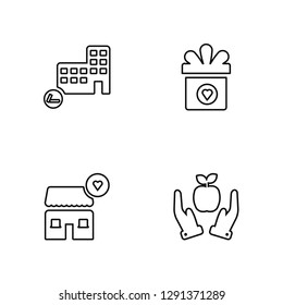 Linear School, Charity Shop, Gift, Apple Vector Illustration Of 4 outline Icons. Editable Pack Of School, Charity Shop, Gift, Apple