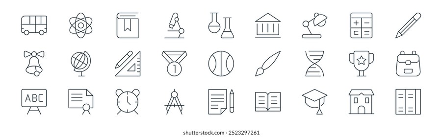 linear school icon pack. vector thin line school, physics, textbook, mathematics, medal, school bag, file, books icons suitable for apps and websites ui designs