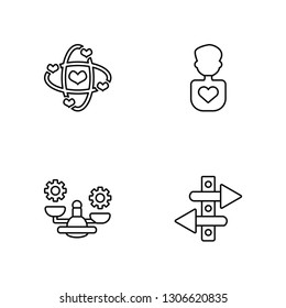 Linear Science, Balance, In love,   Vector Illustration Of 4 outline Icons. Editable Pack Of Science, Balance, In love,  