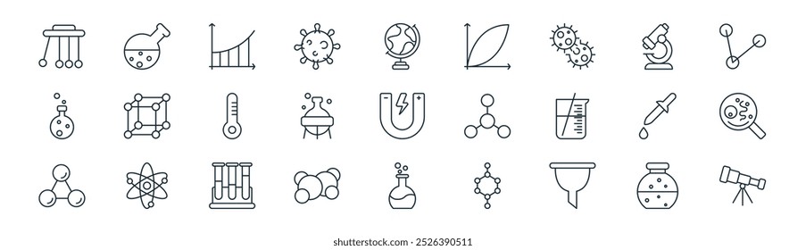 Ikonenpaket für lineare Wissenschaft und Experimente. Vektor dünnen Linie Kolben, Kolben, Grafik, Mikroskop, Labor, Bakterien, Kolben, Teleskop-Icons geeignet für Apps und Websites ui Designs