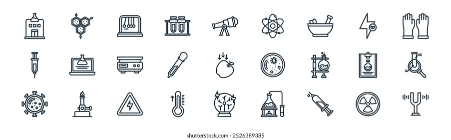 lineares ícone de pesquisa científica pack. vetor linha fina nuclear, célula, berço newton, usina de energia, pipeta, pesquisa científica, bola, ícones de diapasão adequados para aplicativos e sites