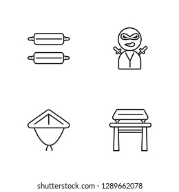 Linear Scrolls, Bamboo hat, Ninja, Dojo Vector Illustration Of 4 outline Icons. Editable Pack Of Scrolls, Bamboo hat, Ninja, Dojo