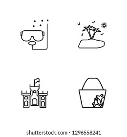 Linear Scuba diving, Sand castle, Island, Beach bag Vector Illustration Of 4 outline Icons. Editable Pack Of Scuba diving, Sand castle, Island, Beach bag