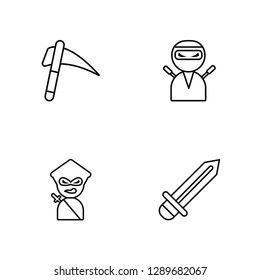 Linear Scythe, Ninja, Ninja, Knife Vector Illustration Of 4 outline Icons. Editable Pack Of Scythe, Ninja, Ninja, Knife