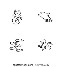 Linear Seahorse, Fishes, Dolphin, Octopus Vector Illustration Of 4 outline Icons. Editable Pack Of Seahorse, Fishes, Dolphin, Octopus