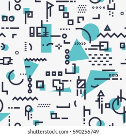 Linear seamless abstract background with black lines and dots with geometric shapes, triangles, squares and circles. Design for brochure flyer or book cover. Stock vector trandy illustration.