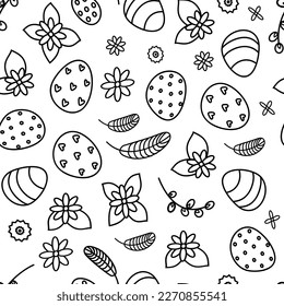 Linear seamless background of Easter eggs and flowers and pussy willow