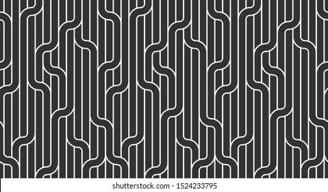 Linear seamless background with twisted lines, vector abstract geometric pattern, stripy weaving, optical maze, web network. Black and white design.