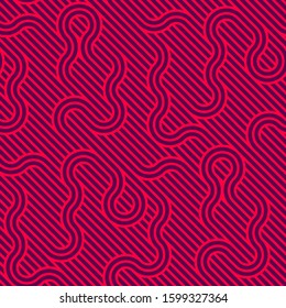 Linear seamless background with twisted lines, vector abstract geometric pattern, stripy weaving, optical maze, web network. Red color design.