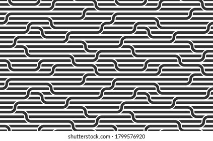 Linear seamless background with twisted lines, vector abstract geometric pattern, stripy weaving, optical maze, web network. Black and white design.