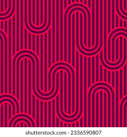 Linear seamless background with twisted lines, vector abstract geometric pattern, stripy weaving, optical maze, web network. Red color design.