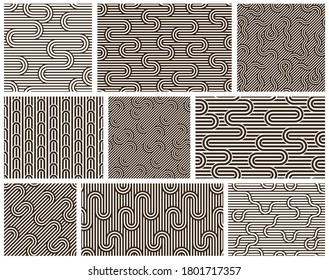 Linear seamless backgrounds with twisted lines, vector abstract geometric patterns set, stripy weaving, optical maze, web network.