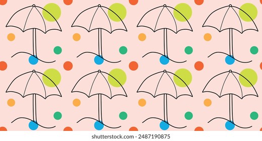 Linear Seamless Beach Umbrella pattern with Abstract color Shapes. Happy vacation time on the sea. Vector Flat illustration Isolated on Pink background. Decorative Template, Summer season concept.