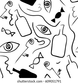 Linear seamless black-white pattern in surrealism style. Vector. 