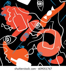 Linear seamless colored pattern in surrealism style on a black background. Vector. 