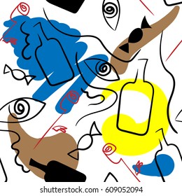 Linear seamless colored pattern in surrealism style. Vector 