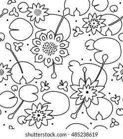 Linear seamless floral texture with flowers, water lilies, lotus, nature stylish pattern. Vector decorative background, coloring book template