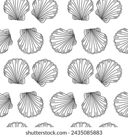 Linear seamless marine pattern with pearls on a white background