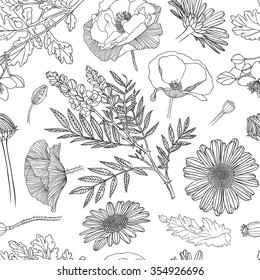 Linear seamless pattern of assorted flowers