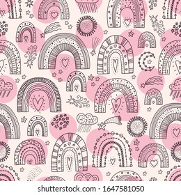 Linear seamless pattern coloring with magic rainbows, stars and clouds.  Can be used in textile industry, paper, background, scrapbooking.