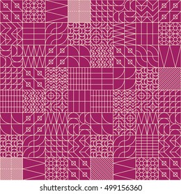 Linear seamless pattern design with various geometric tiles, perfectly repeating rich, elegant and modern vector background for web and print