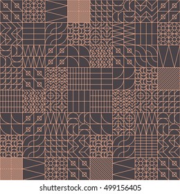 Linear seamless pattern design with various geometric tiles, perfectly repeating rich, elegant and modern vector background for web and print